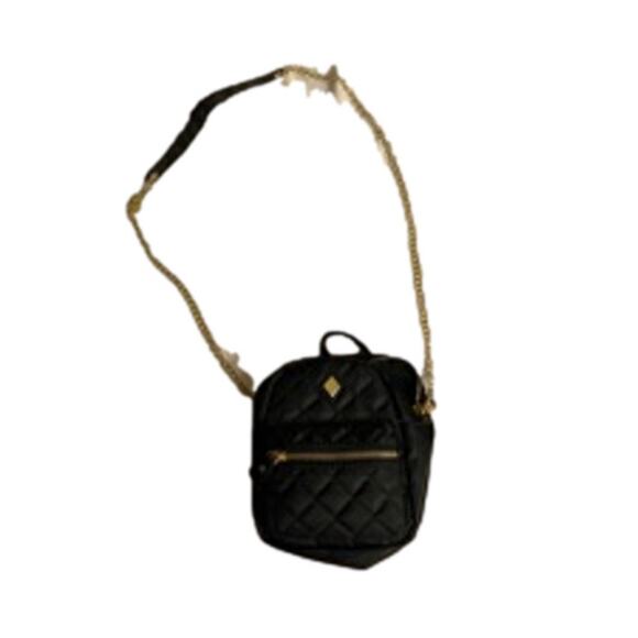 Y2K Streetwear Quilted Mini Backpack Crossbody Bag Black Gold Chain Strap Purse - Picture 2 of 5